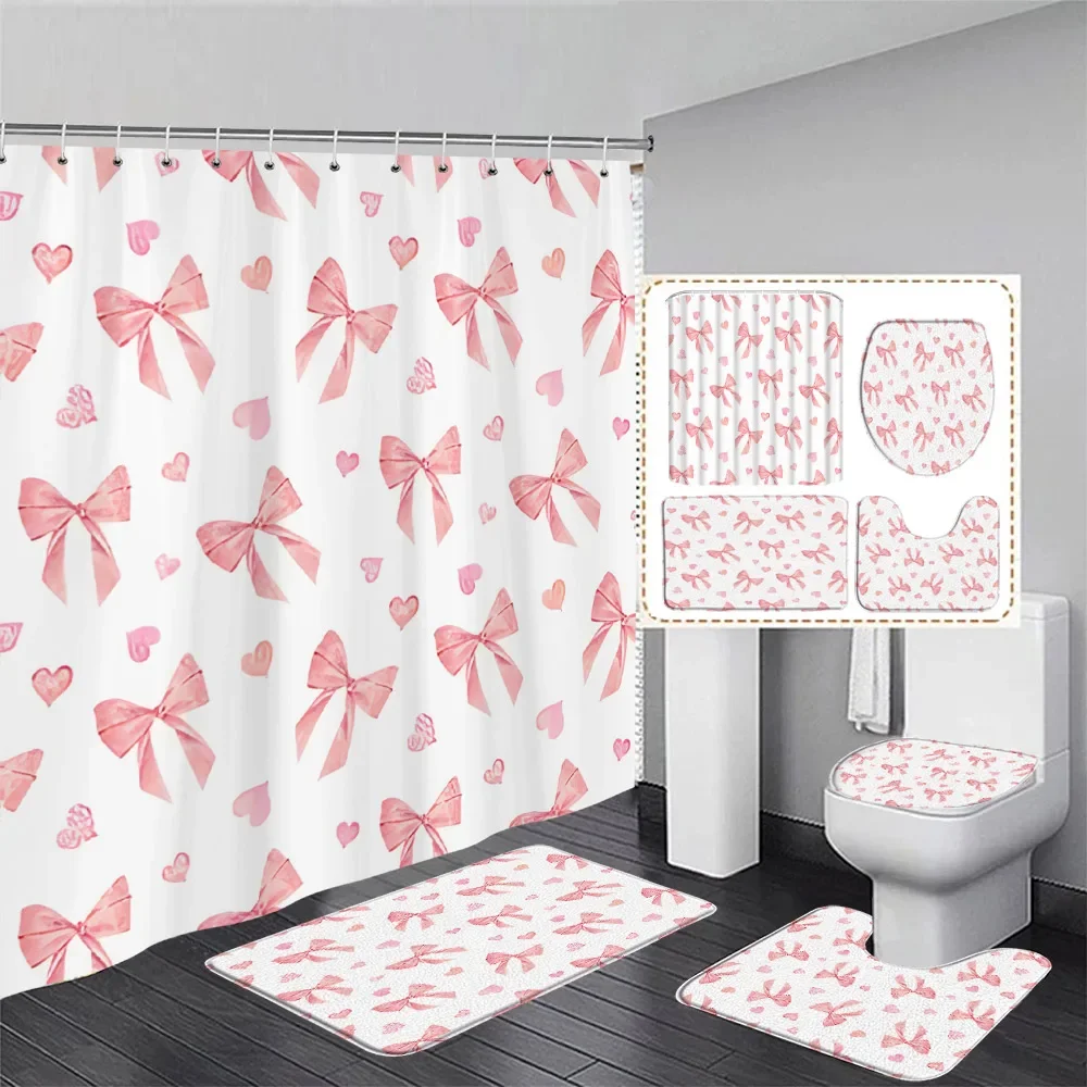 Pink Bowknot Shower Curtain Set Watercolour Bow Tie Girl Gift Modern Bathroom Decor Floor Rugs U-shaped Mats Toilet Lid Cover