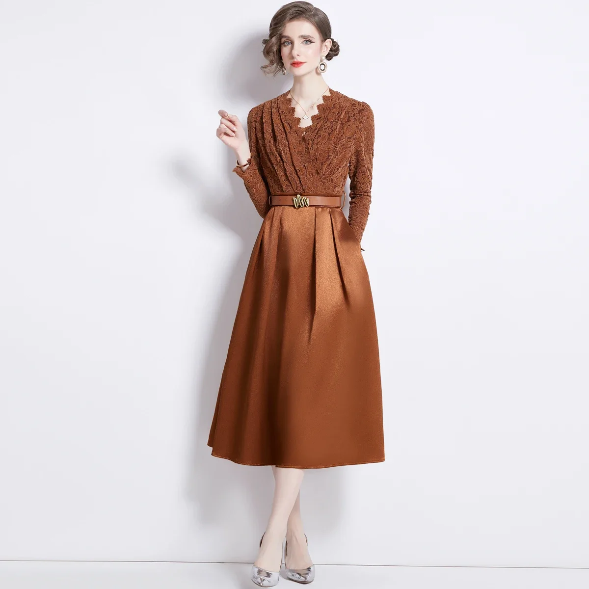 Good QualityAutumn And Winter Luxury Lace Splicing V-neck Waist Lace-up Dress Office Work Business Skirt