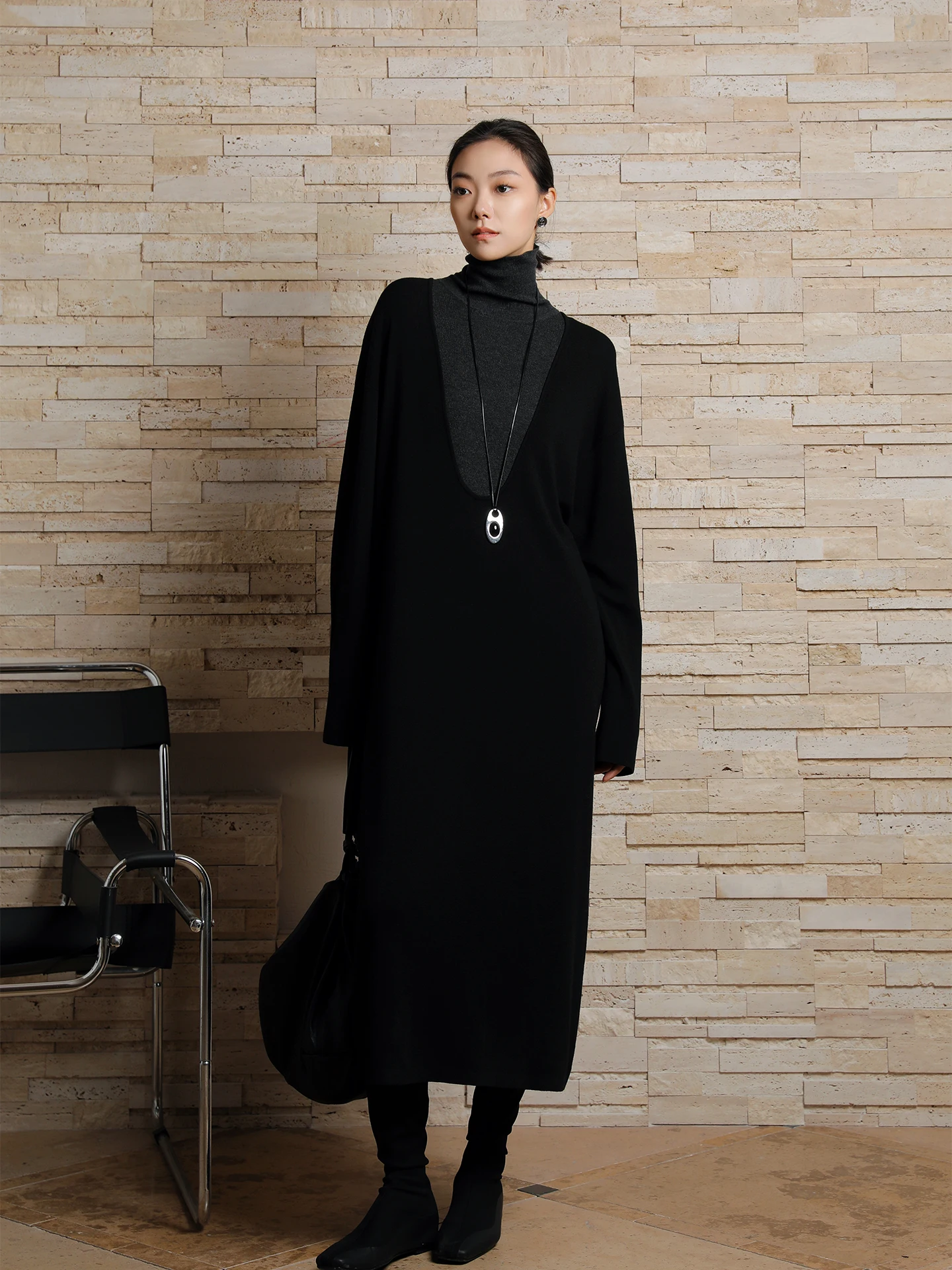 

Retro Color Blo High Collar Knitted Dr Long Sve Women's Faion Winter New Sle V-Ne Maxi Dr Versatile A-Line S...