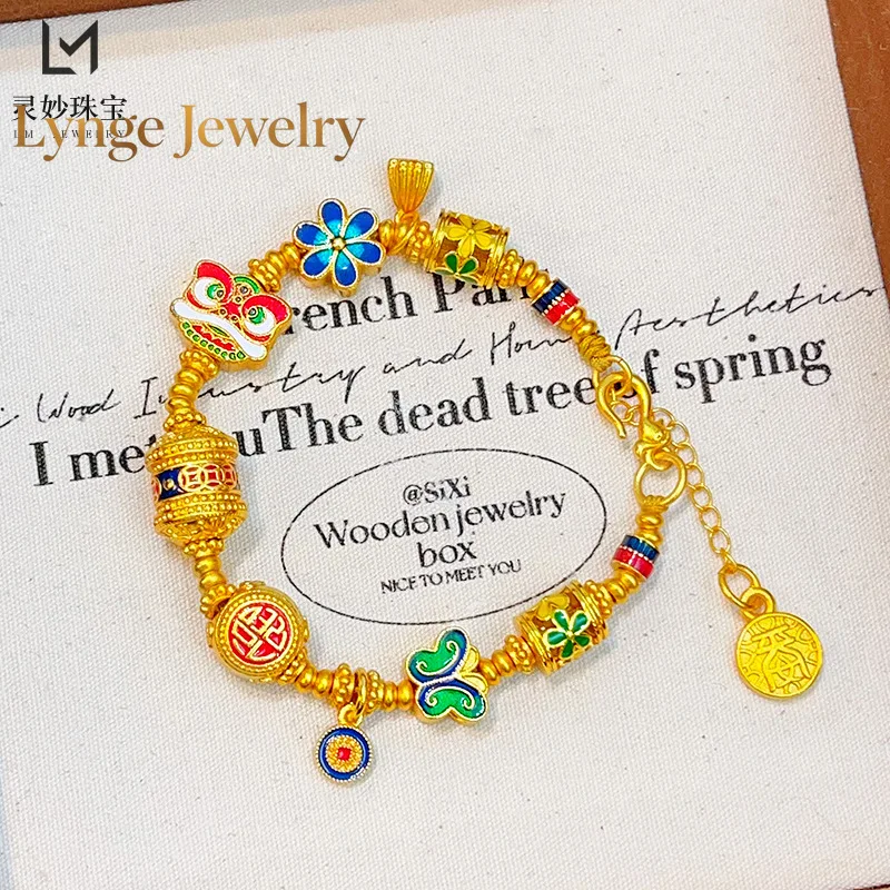 

Lynge Jewelry 9999 24K real gold burnt blue enamel safe lion dance bracelet small flower road with blessing word bracelet new Ch