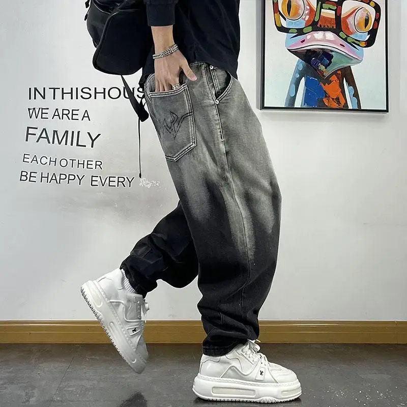 

High Waist Men's Harlan Jeans Large Size Loose Fit Slimming Waed Denim Casual Pants Youth Trendy Wear Resistant Straight Leg