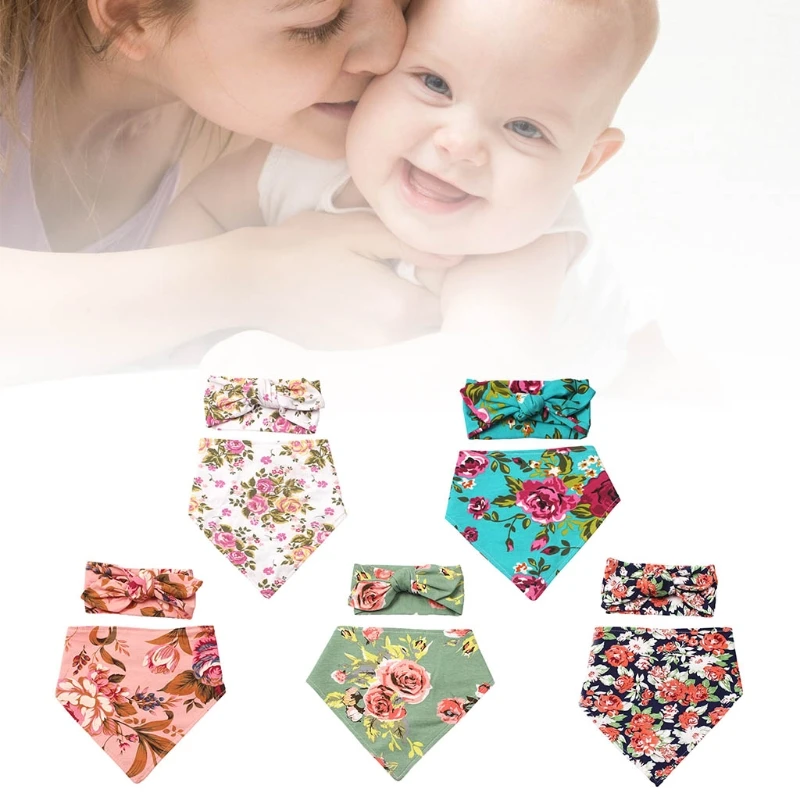 

2 Pcs Baby Feeding Drool Bib Headband Set Double Side Floral Print Bibs Hair Band Saliva Towel Soft Cotton