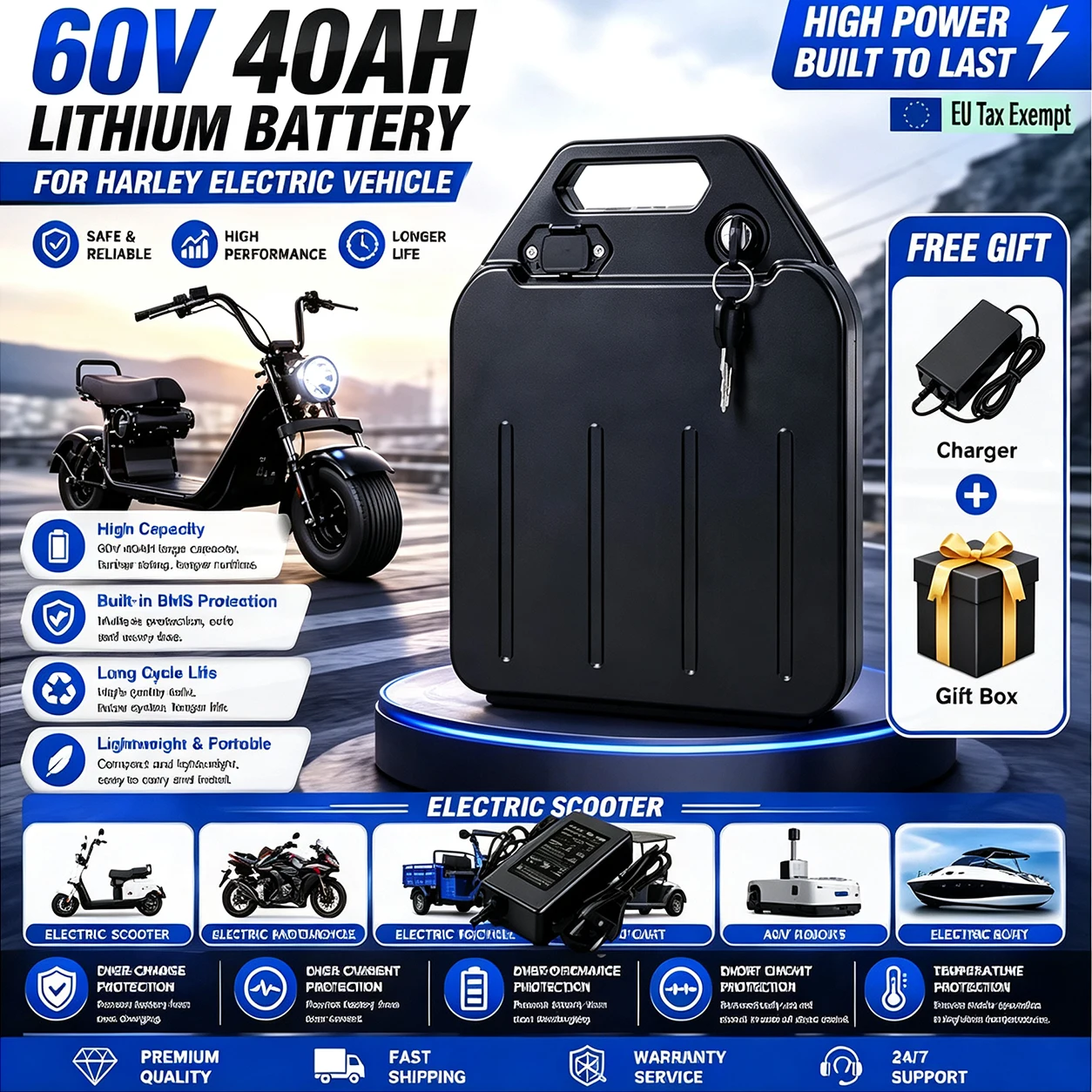 Image of 60V 40Ah wasserdichte wiederaufladbare Lithiumbatterie für Harley Motorräder. Hochleistungs-Motor 500W–3000W mit integriertem BMS, lokaler Versand aus der Europäischen Union,