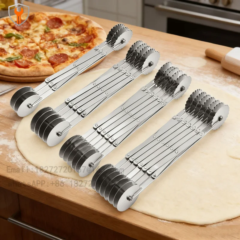 Stainless steel double-head pizza roller cutter retractable multi-wheel section baking