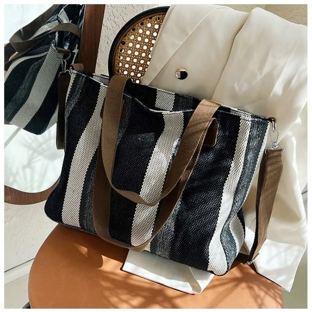 Portable Large Capacity Strip Shoulder Bag Korean Style Cotton Cloth Canvas Shoulder Bag Handbag Tote Bag Girls