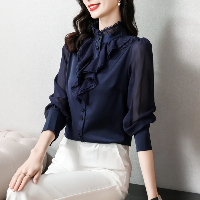 #2539 Spring2023 Blue Office Chiffon Blouse Women Ruffles Stand Collar Vintage Shirt Female Long Sleeve Office Women Shirts Slim