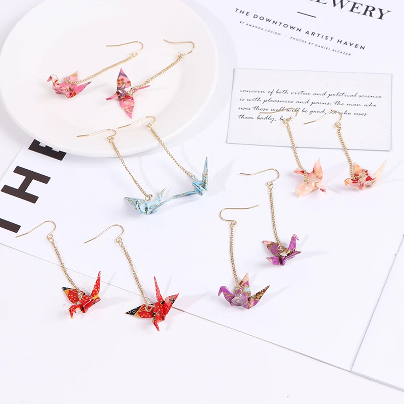 1 Pair Cute Origami Crane Earrings Gold Color Sweet Japanese Long Paragraph Tassel Earrings Fashion Earrings Ear Clips