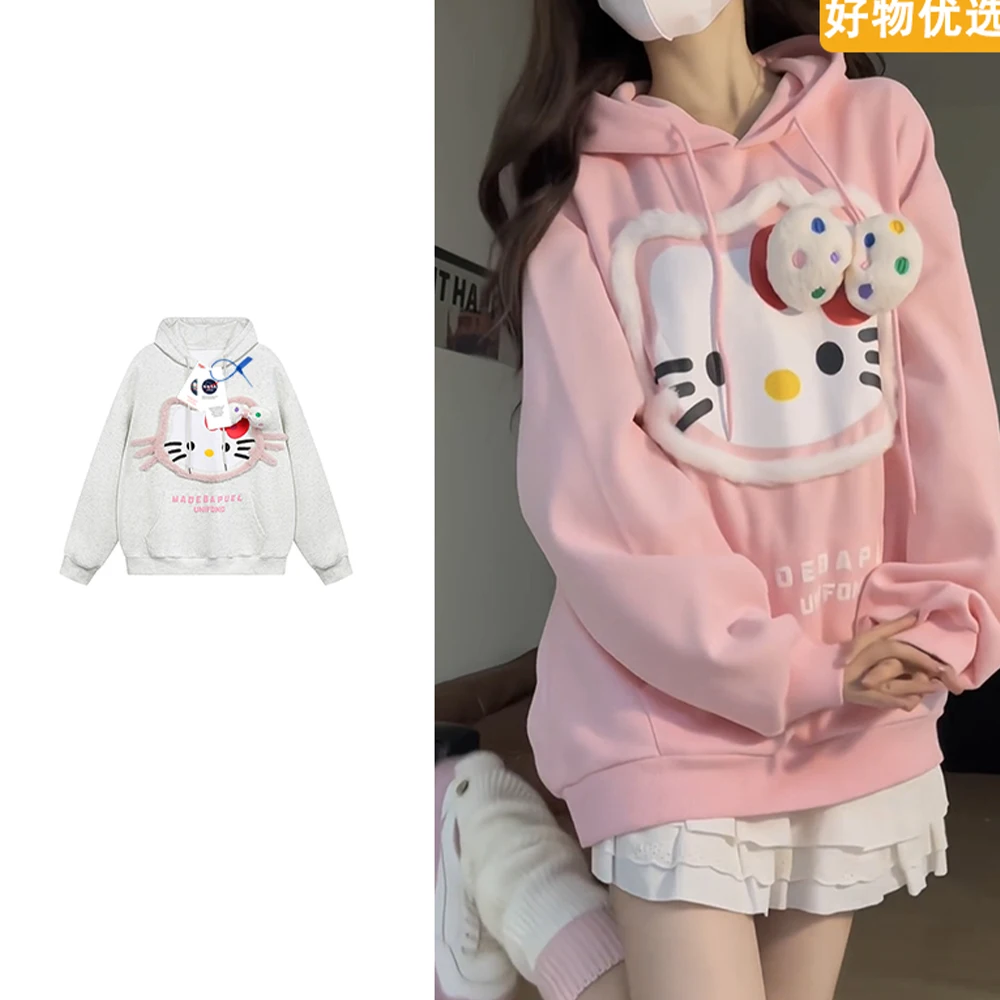 

Sanrio Hello Kitty плюшевый 3D вышитый свитшот с героями мультфильмов осень-зима пара толстовка с капюшоном для женщин и мужчин топы