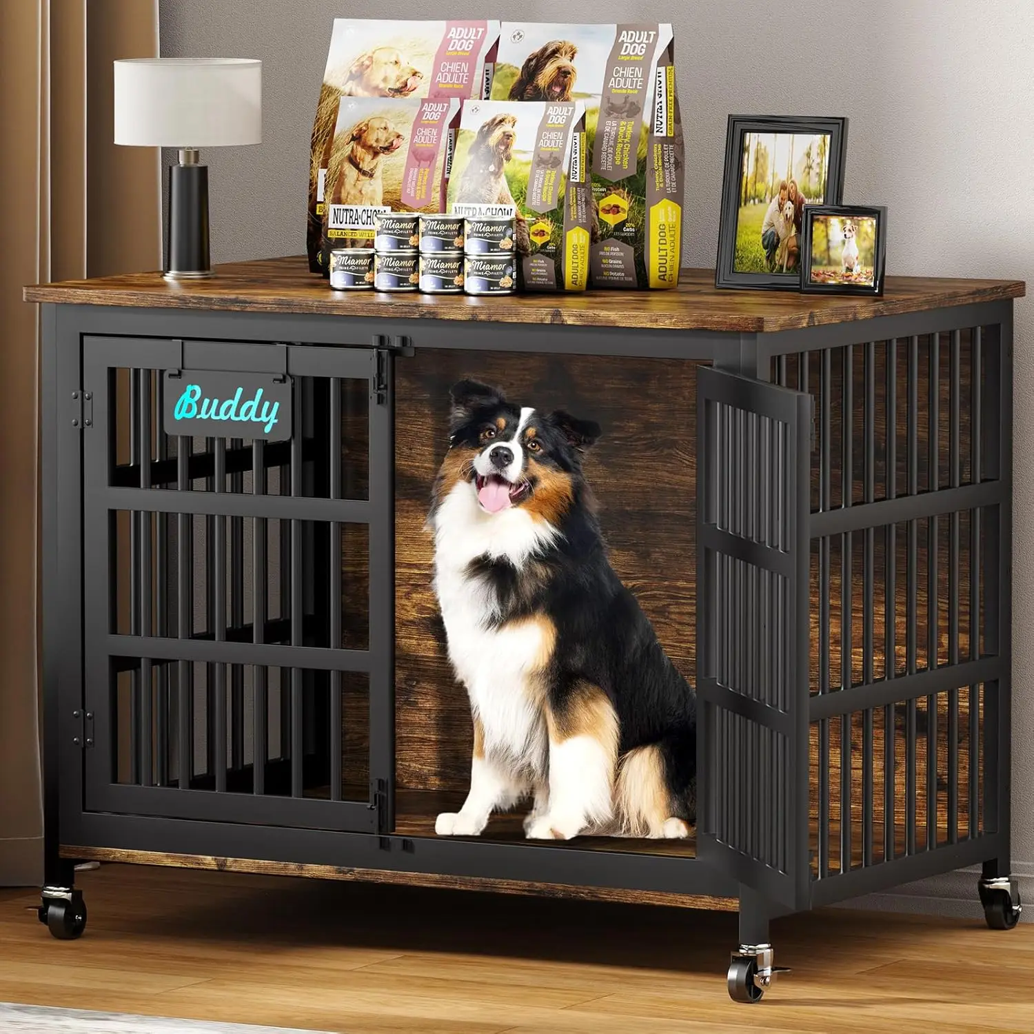 

42'/41'/33' Dog Crate Furniture with Name Tag, XL Heavy Duty Dog Kennel Indoor for Large and Medium