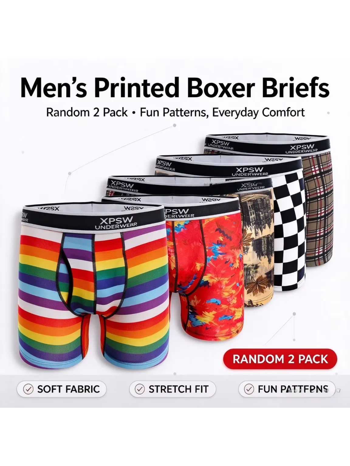 Men's Printed Flat Corner Underwear Random 2-piece Set Soft Elastic Crotch Opening Breathable Underwear with Multiple Prints