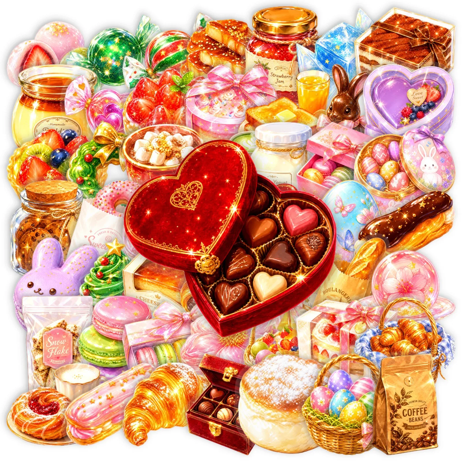 50PCS Watercolor Dessert Hand Account PET Stickers French Pastry Reusable Decals Decorate Fridge Luggage Cabinet Water Cup Decal