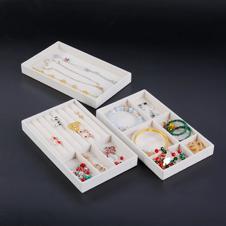 Jewelry Organizer Velvet Jewelry Storage Tray Display Ring Bracelet Necklace Storage Box Showcase Drawer Organizer Trays Beige
