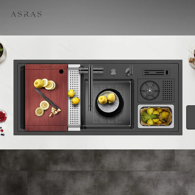 배수 쓰레기통이 있는 컵 세탁기가 있는 단일 대형 계단식 세면대 모델 10547NX 수제 주방 싱크대