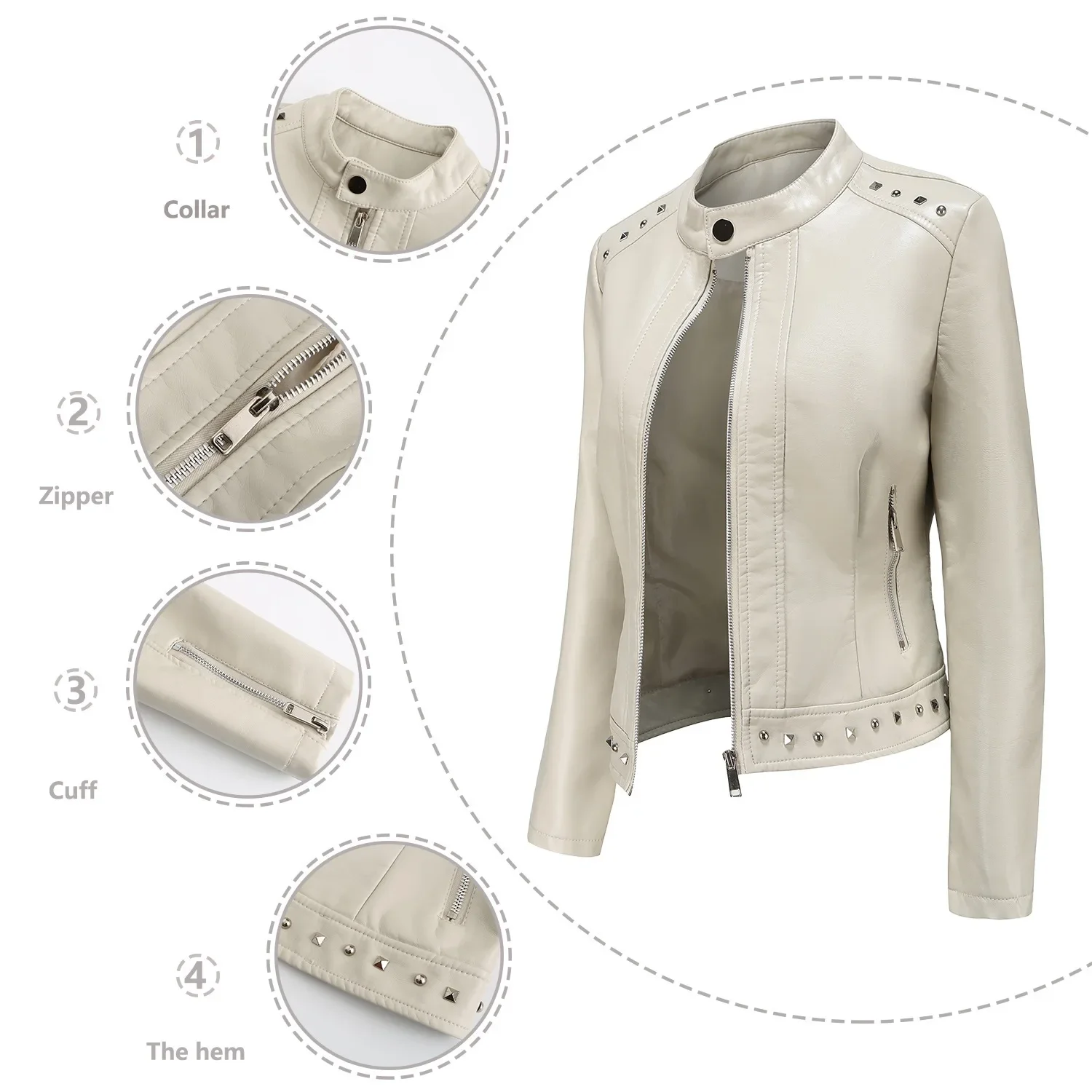 

Studded Autumn Jacket Women Stand Collar Zipper Button Suede Leather High Street Slim Fit Outwear Female Lady Coat