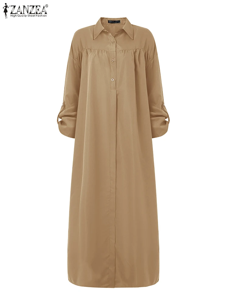 Vrouwen Herfst OL Werk Jurken ZANZEA 2025 Elegante Revers Hals Lange Mouw Jurk Gewaad Femme Stijlvolle Effen Knoppen Up Zonnejurk