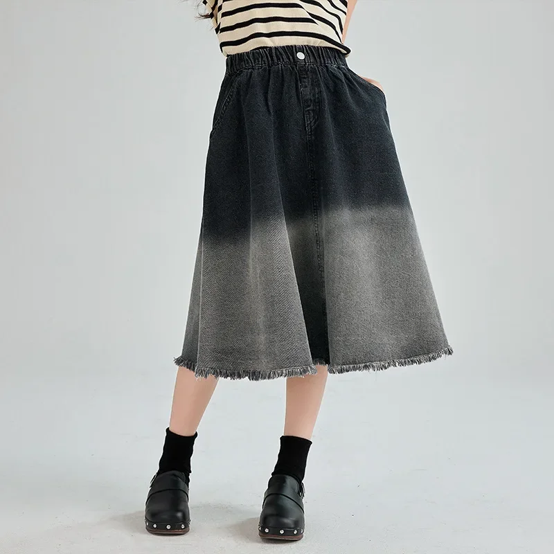 Caofeimao Tie Dye Denim Teen Girls Skirts Cotton Elastic Waist Casual Skirts 2025 New Summer Black and Gray Color