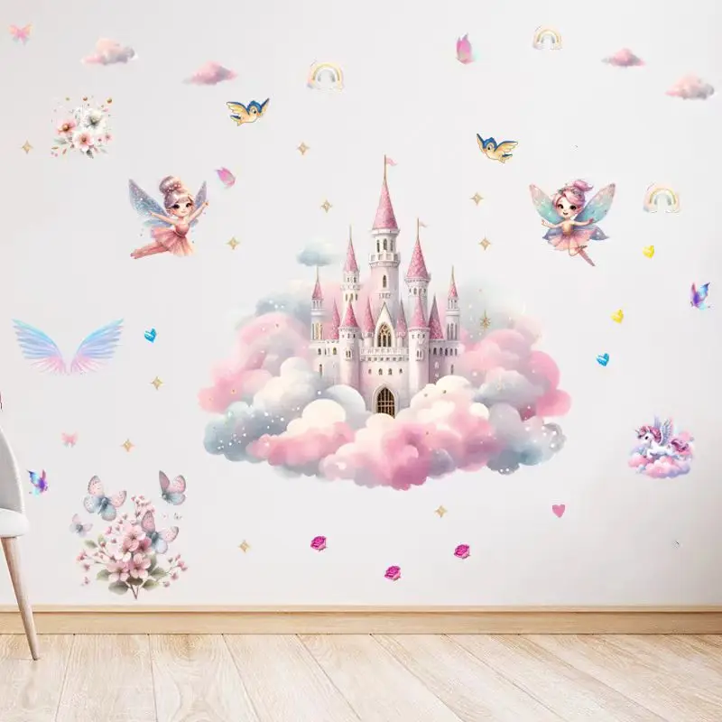 Cartoon Elf Wall Sticker Rainbow Cloud Fairy Tale Princess Castle Wallpaper Girl Princess Bedroom Art Decoration Sticker