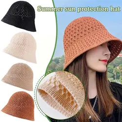 Summer Sun Hat Crochet Floppy Collapsible Dome Bucket Hat Hollow Pure Color Simplicity Soft Beach Caps For Women Onesize N6P3