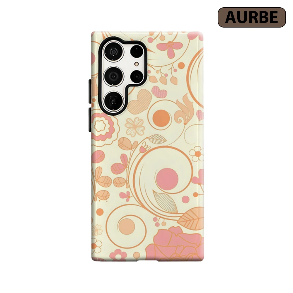Peach Floral Swirl Phone Case for Samsung Galaxy S26 S25 Ultra S24 S23 Ultra Plus Shockproof Double Layer Tough Back Cover