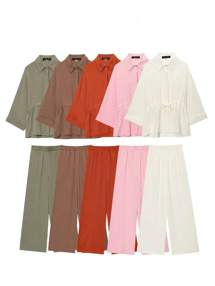 HH-Conjunto de pantalones para mujer, cinturón de cuerda con solapa a la moda, camisa decorativa de un solo pecho, Top + conjunto de pantalones de pierna ancha informales con cintura elástica