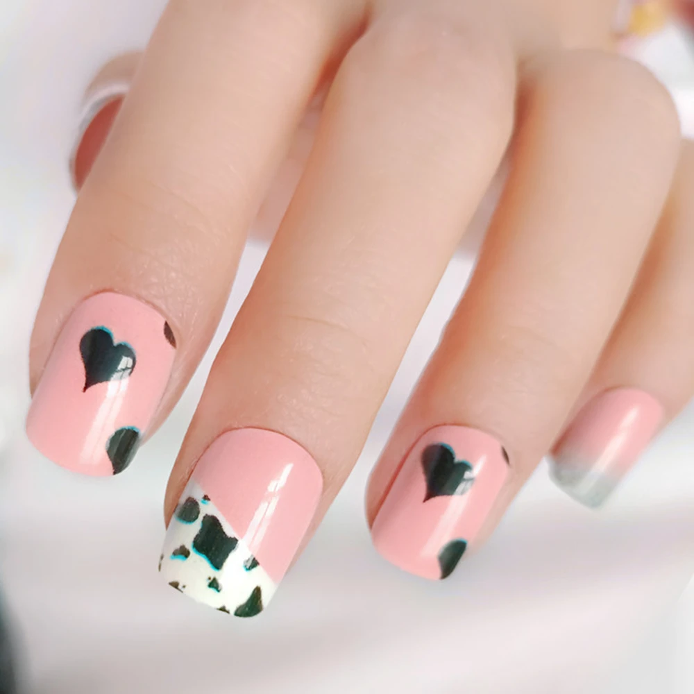 

Acrylic Short Press On Nail With Glue Sticker Cow Pattern French False Nails Shiny Pink DIY Lady Fingertips Manicure Accessory