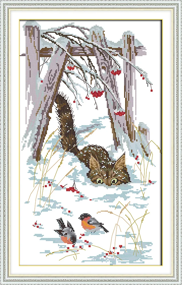 Joy Sunday Pre-printed Cross Stitch Kit  Easy Pattern Aida  Stamped Fabric Embroidery Set-Snow Kitten