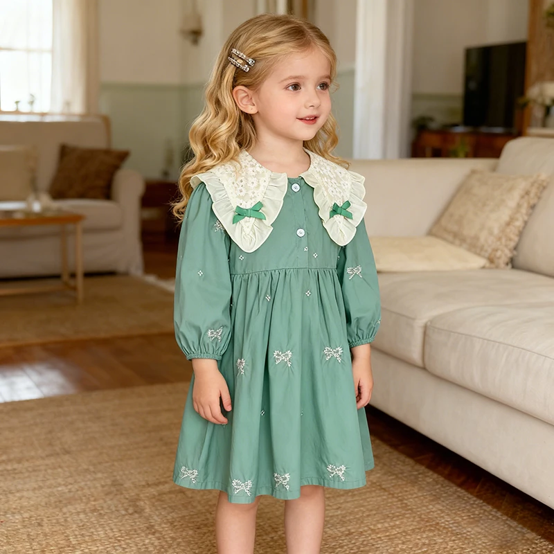 2026 neue Frühling Schwester Grün Baumwolle Kleid 2-6Y Baby Mädchen Party Kleid Lange Ärmeln Stickerei Spleißen Kleid Kinder Prinzessin kleid