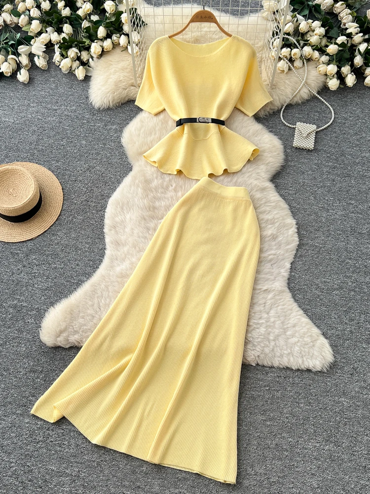 

High Waist Knitted Slimming Two Piece Set Women's Summer Fashion Set Loose Fit Comfortable Breathable Color Workwear