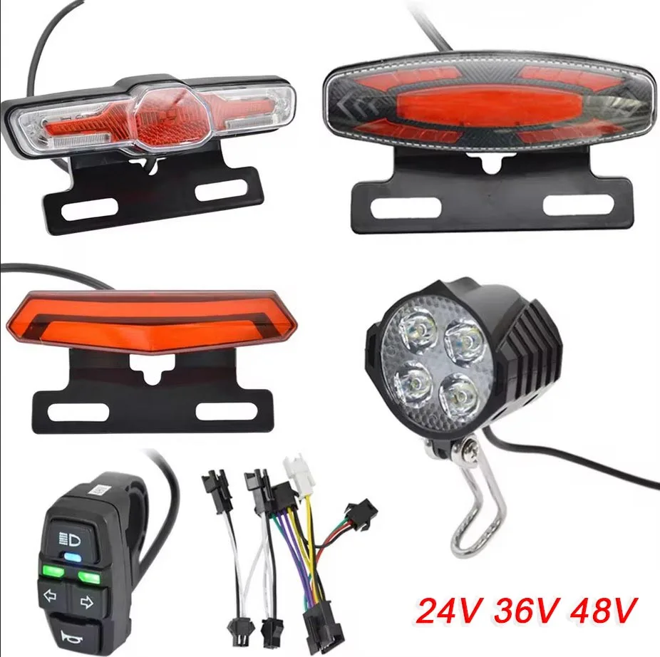 E-Bike Front Brake Rear Light Set 24/36/48V Bike Accessories Rack Lamp with Horn Headlight Switch Electric Bicycle Tail Light