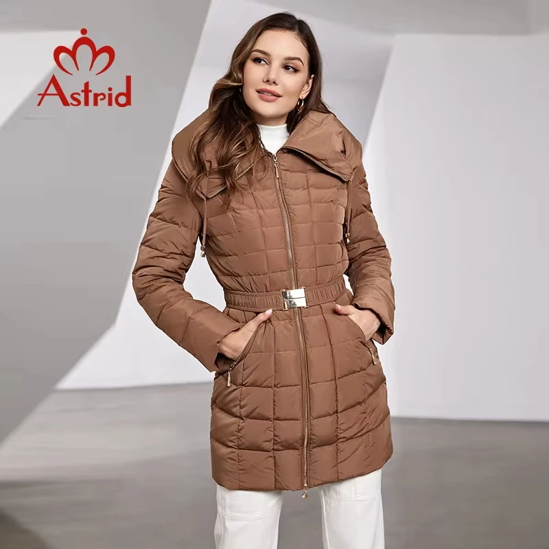 Astrid 2023 New Women\'s Winter Jacket Hooded Belt Long Parkas Warm Padding Puffer Plaid Quilted Coat Down Jacket Thick Snow Wear