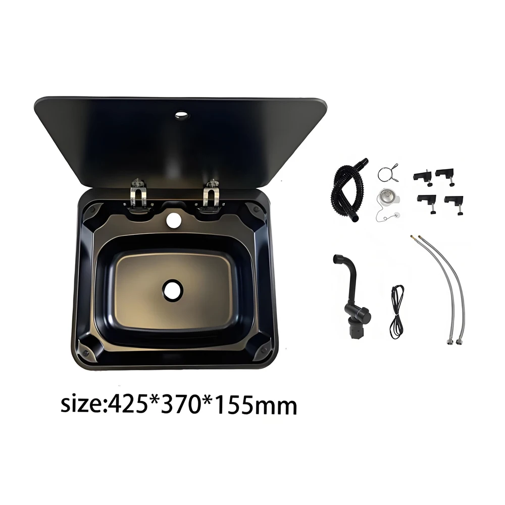 

RV Sink with Mixer Faucet/Tap SUS 304 with Tempered Glass Cover Square Sink for Boats Caravan Camper Marine Kitchen