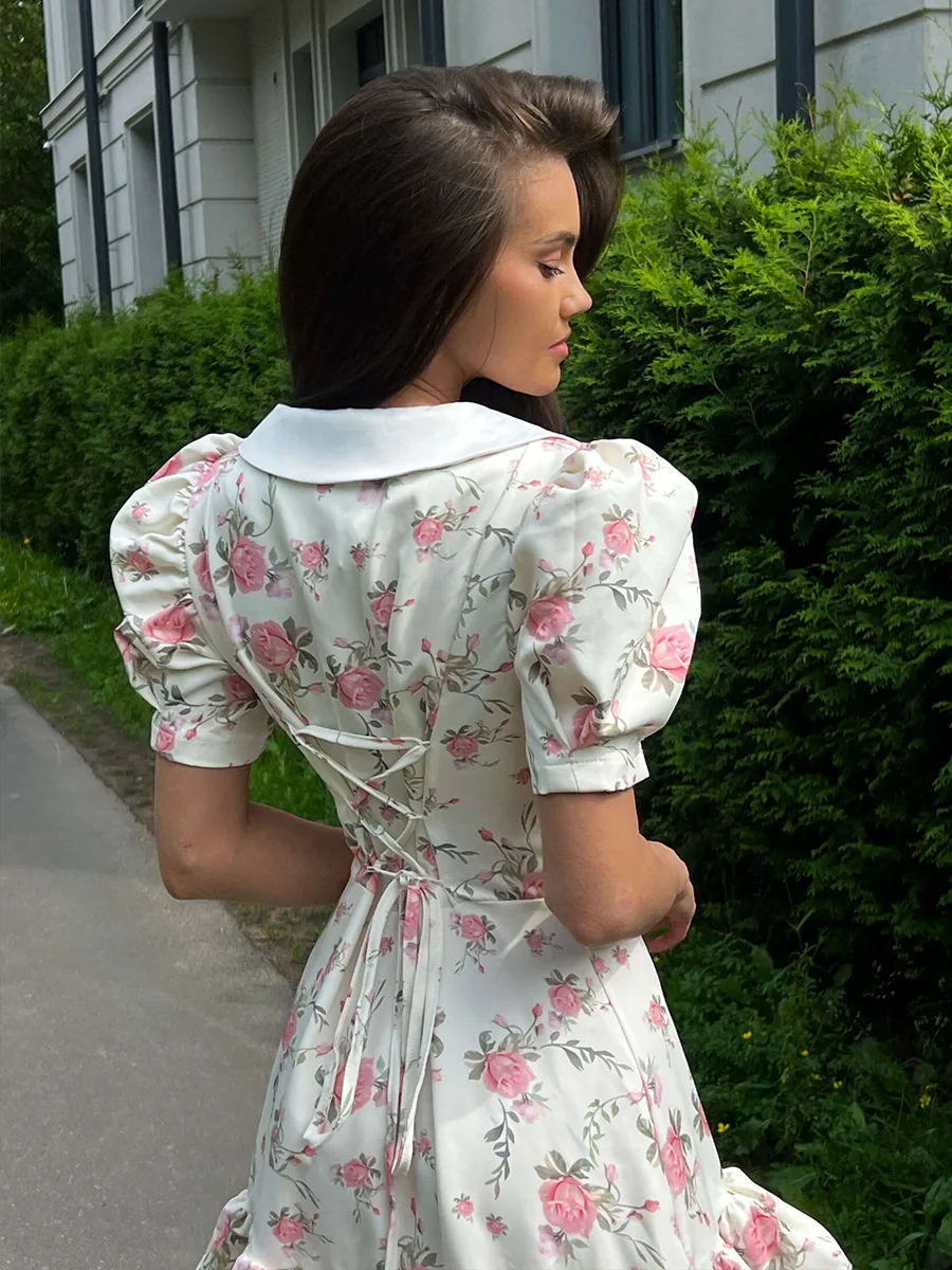 Original Light Luxury V-neck Bubble Sleeve Chiffon Dress Spring and Summer Women's Sweet Slim Commuting Vacation Leisure Dress