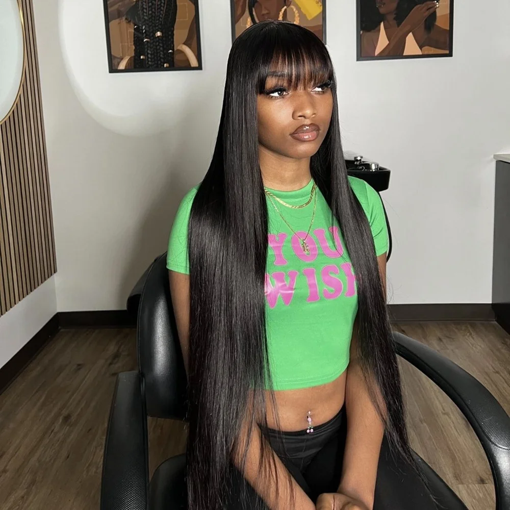 

Прямой парик из натуральных волос с челкой и бахромой, бразильские 13x6 HD, кружевные фронтальные парики для чернокожих женщин, плотность 250%, 42 дюйма