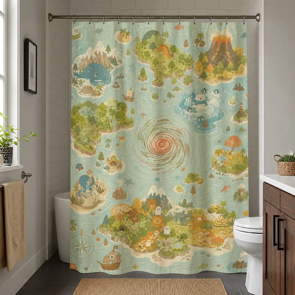 Whimsical Island Adventure Shower Curtain Bathroom Decor Watercolor Tropical Landscape Fun Shower Curtain