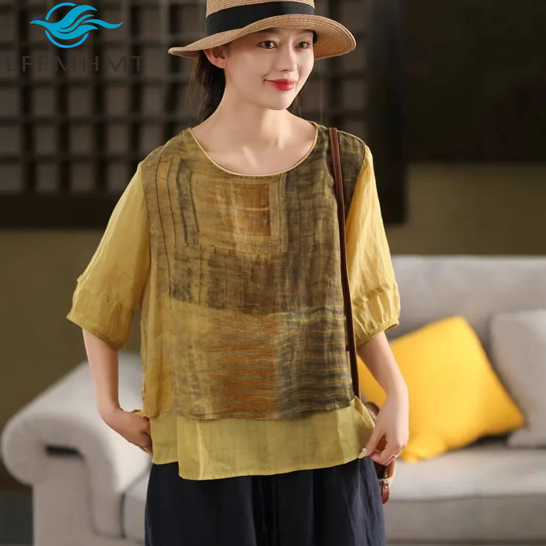 

100% Ramie Good Quality Vintage Shirt for Women Summer Fashion Retro Patchwork Half Sleeve Fake Two Pieces Breathable Pullovers