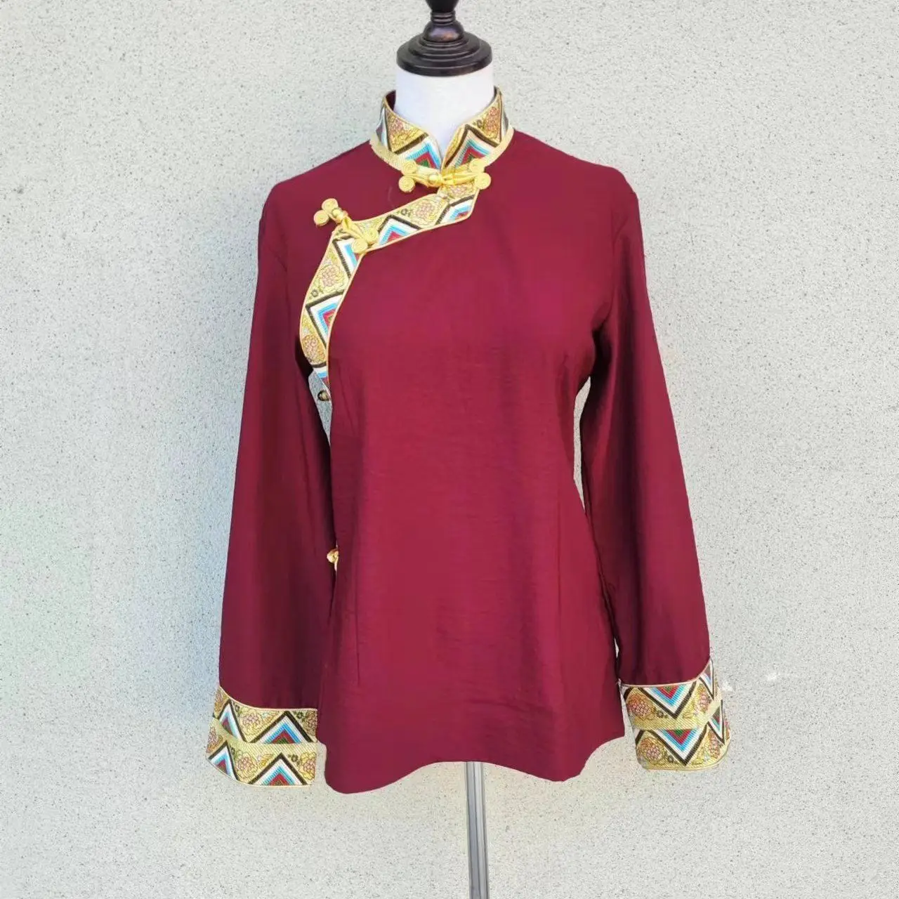 2024년 인기 신상 중국 스탠드 칼라 긴팔 티베트 스타일 민족 의상 셔츠