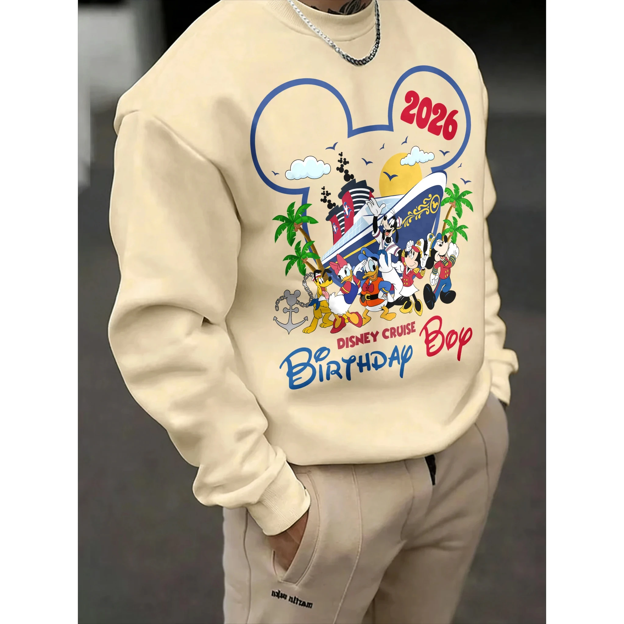 

Мужской свитер с круглым вырезом и принтом Микки Диснея, осень-зима 2026, модный, с начесом, из хлопка, теплый, свободный, повседневный, куртка-толстовка