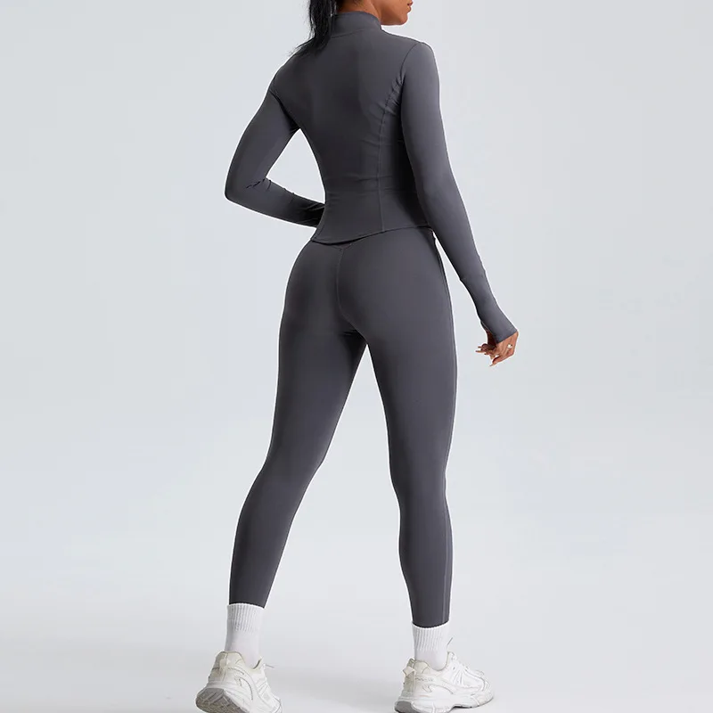 2 Piece Yoga Set Workout Outfits for Women Tracksuit Long Sleeve Zipper Slim Jacket High Waist Leggings Gym Sport Running Suit