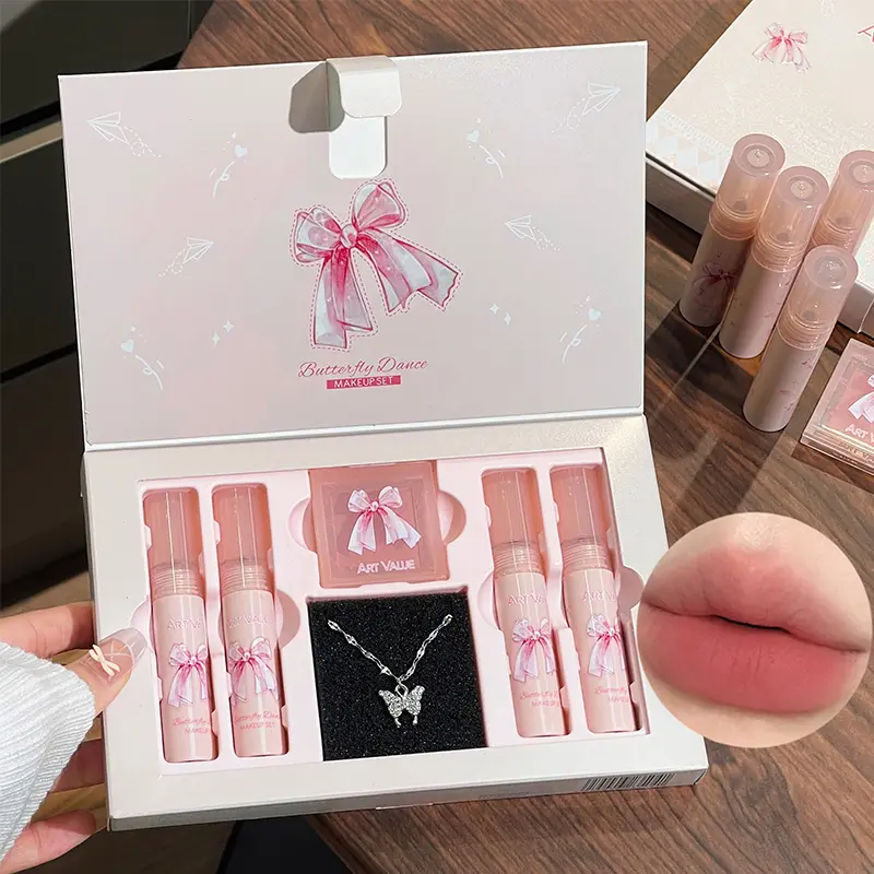 6 pçs/caixa conjunto de batom fosco lábios maquiagem veludo nude brilho labial hidratante lábio esmalte rosto blush paleta maquiagem conjunto colar presente