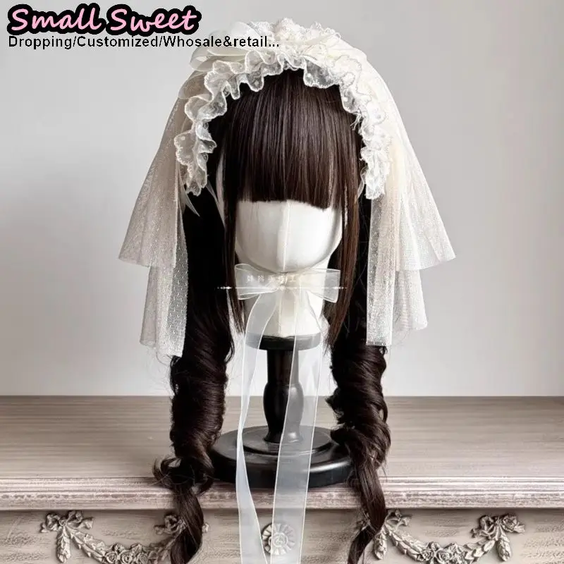 Japanese Harajuku Gothic Lolita Y2K Girl Bow Gorgeous Floral Lace Ruffled Veil Hair Band Headband Hair Hoop Hair Accessories
