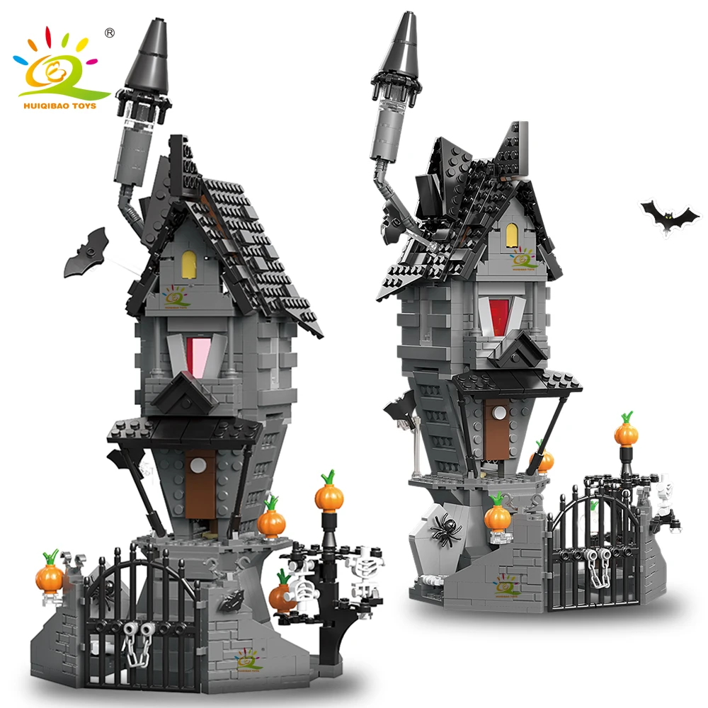 HUIQIBAO Halloween Haunted House Building Kit with LED Lights, Spooky Mansion Toy for Kids, Perfect Gift for Halloween Birthdays