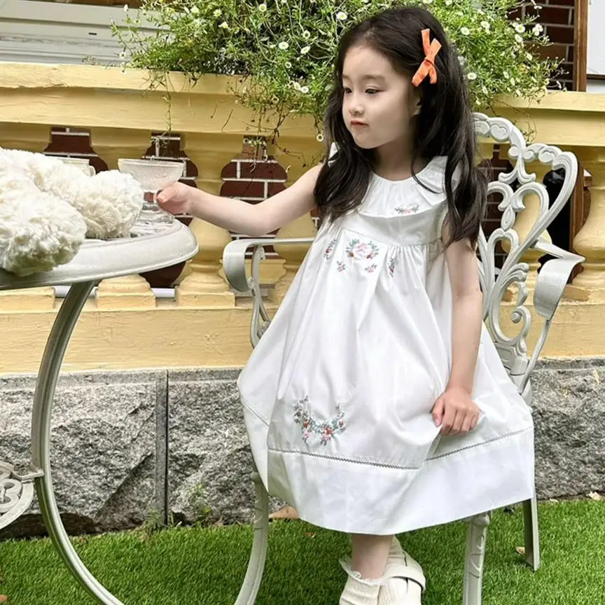 

2PCS Summer New Retro Girls' Dress Youth Academy Style Leisure Embroidery Sleeveless Dress A3912 Ropa Niña