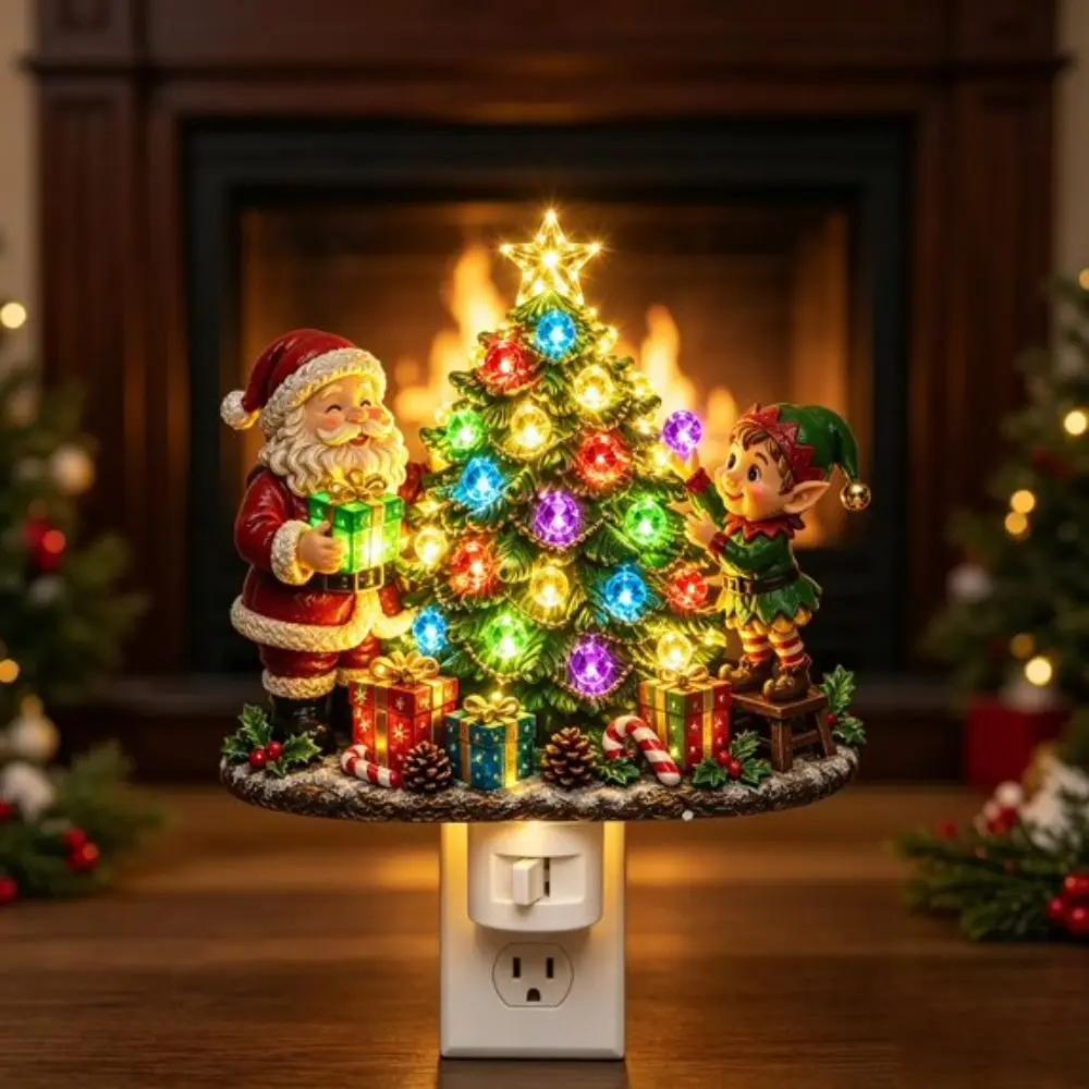Resin Material Christmas Night Light Decorative Figurine Wall-mounted Style Wall Night Light Christmas Tree Shape Plug-in Design