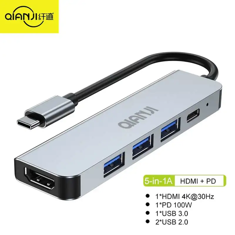 Qianji-adaptador multipuerto 5 en 1 para ordenador portátil y MacBook, Hub 5 en 1 con HDMI, 4K, 3,0 puertos tipo C y 100W de potencia