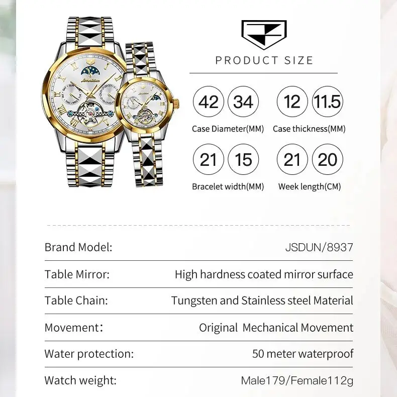 JSDUN-Tungsten ساعة زوجين من الفولاذ للنساء ، علامة تجارية فاخرة ، أوتوماتيكية ، ميكانيكية ، أنيقة ، تاريخ الأسبوع ،