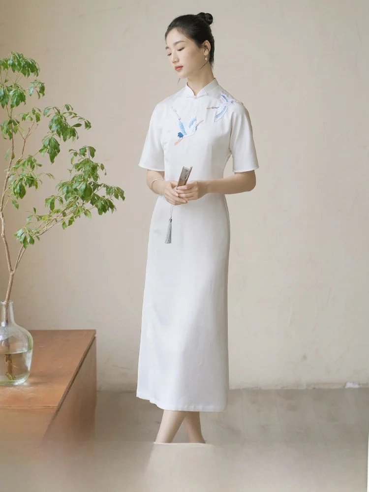 

Элегантное китайское длинное платье-ципао Dr Moonlight White Fairy Aosphere, женское, модное, в стиле ретро, с вышивкой, короткий рукав