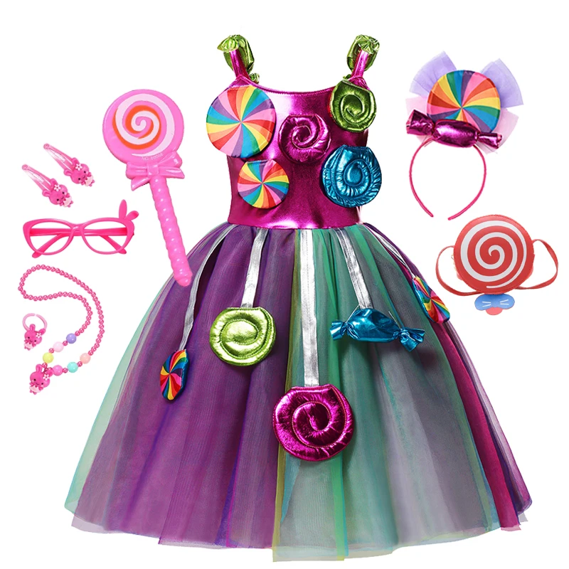 

2024 Purim Children Cute Candy Princess Dress Girls Carnival Lollipop Tutu Costume Kids Cosplay Performance Clothing Set