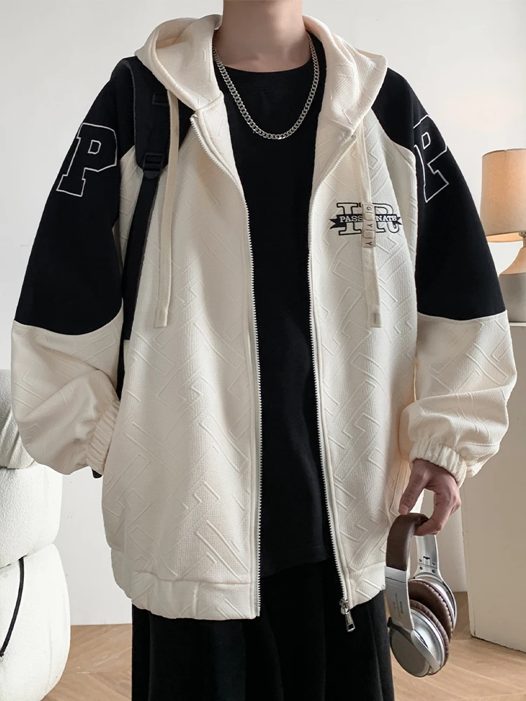 الأمريكية الرجعية الرجال Jaet ربيع الخريف عارضة التباين اللون مقنعين الرياضة Sle معطف السيارة الترفيه مباراة جميع سستة إغلاق