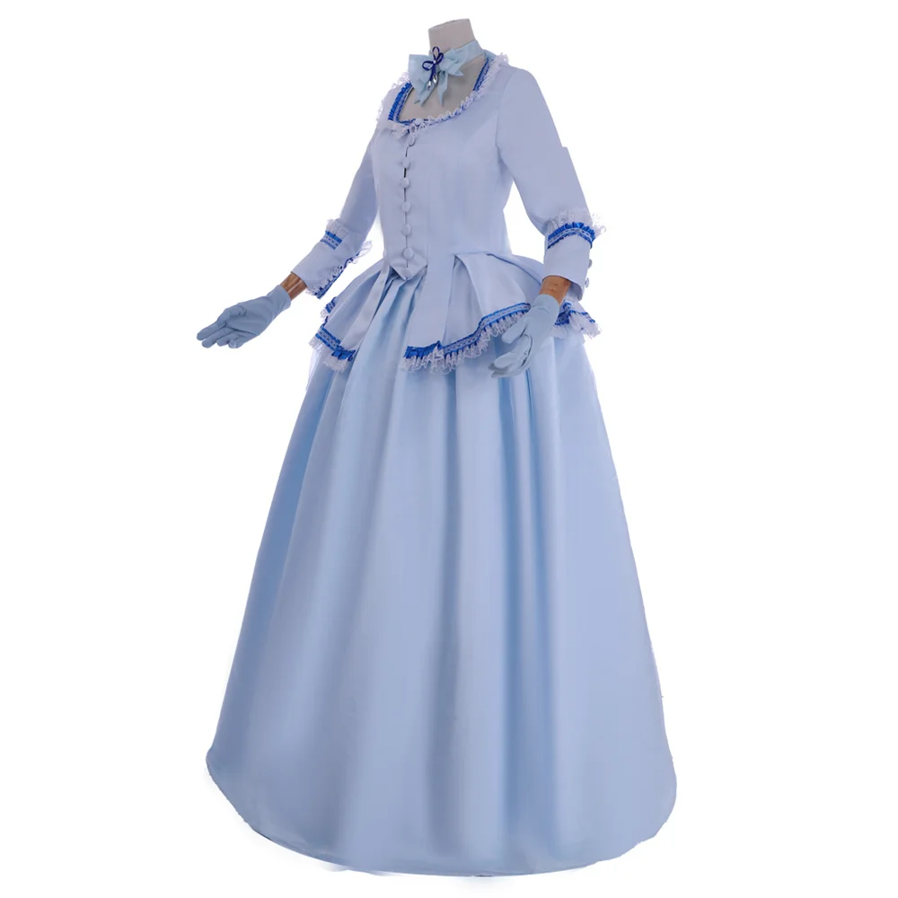 Movie Cosplay Marie Antoinette Blue Dress with Hat Victorian Royal Queen Rococo Ball Gown Women's Elegant Theater Costume