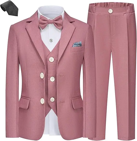 Prince Boys Pink 5Pieces/Set Jacket Vest Pants Bowtie Tie Photograph Suit Gentleman Kids Birthday Dress Children Wedding Custome